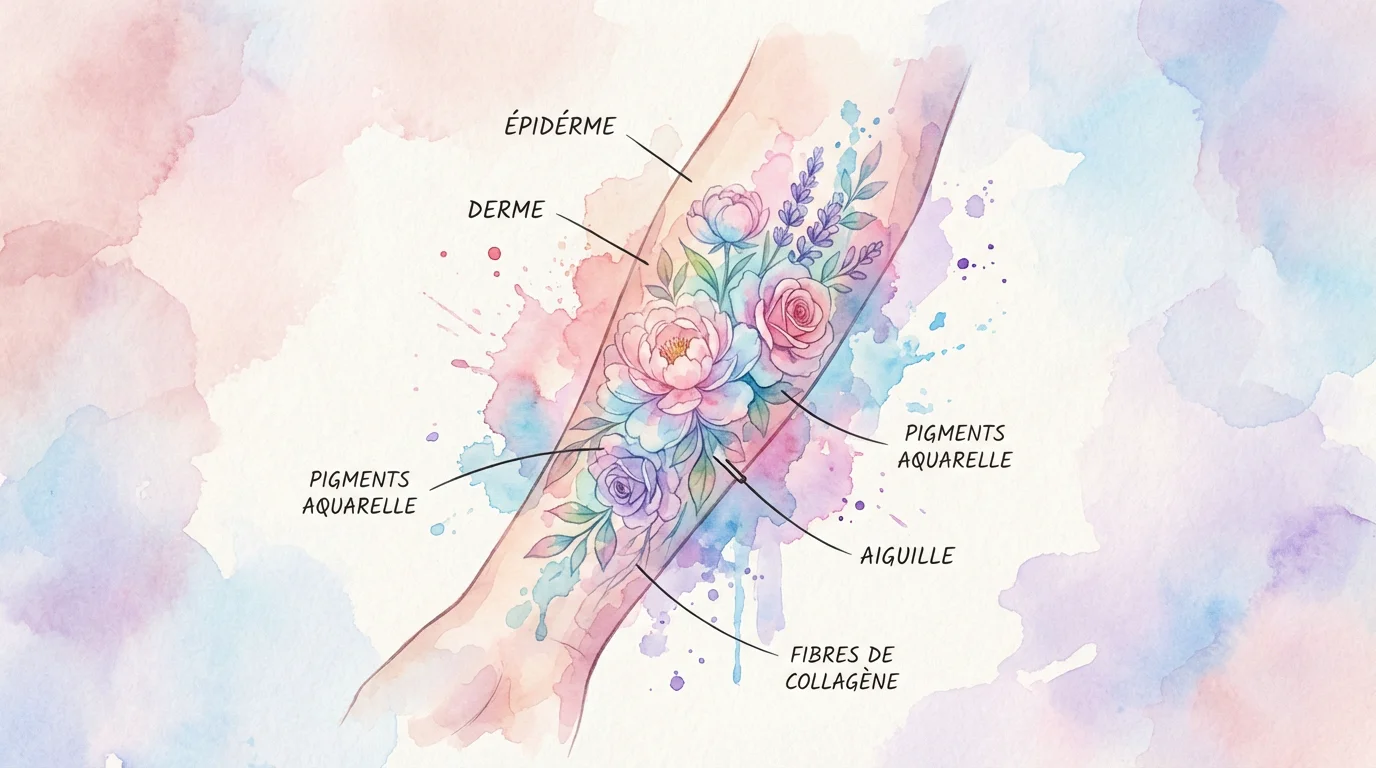 Illustration d'un tatouage watercolor floral aux couleurs pastel fondues sur un bras
