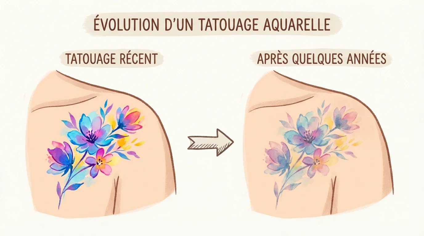Illustration comparant un tatouage watercolor frais et son aspect après quelques années de vieillissement