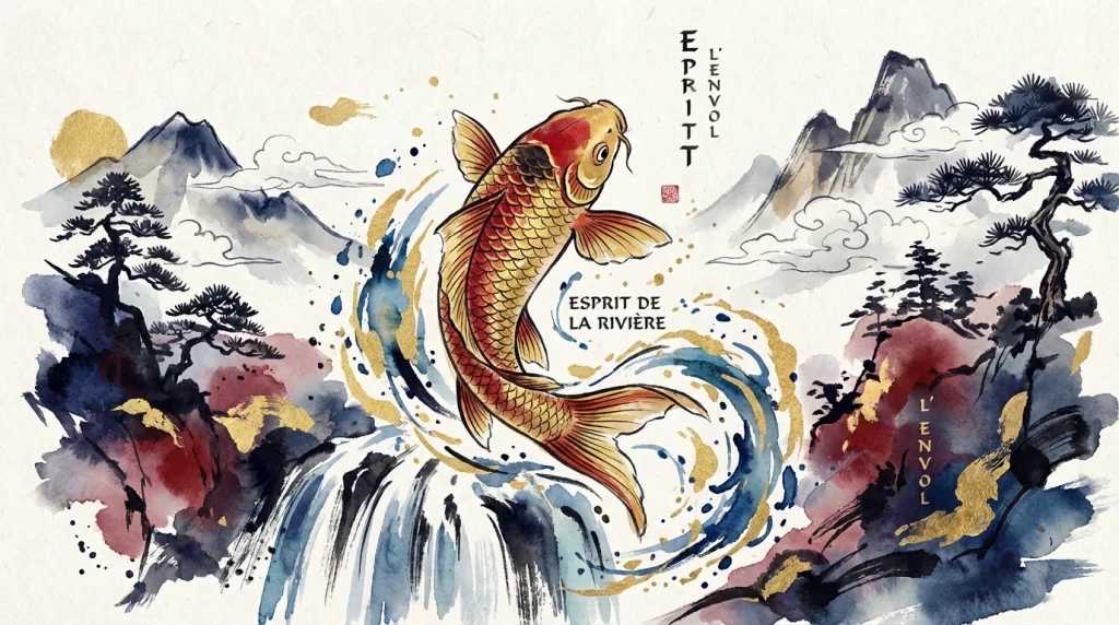 Illustration d'une carpe koï sautant au-dessus d'une cascade, symbole de persévérance