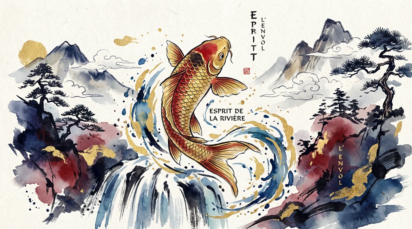 Illustration d'une carpe koï sautant au-dessus d'une cascade, symbole de persévérance