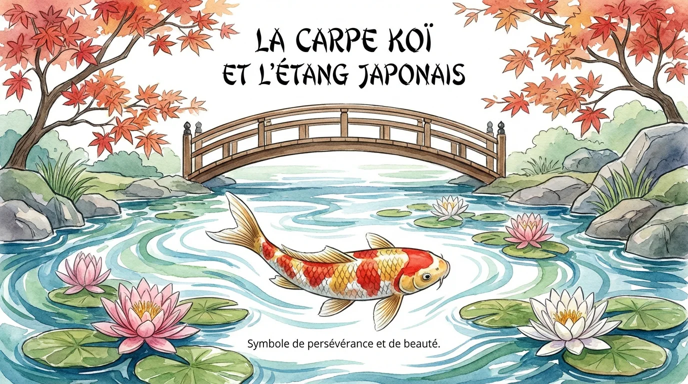 Illustration d'une carpe koï dans un jardin japonais traditionnel
