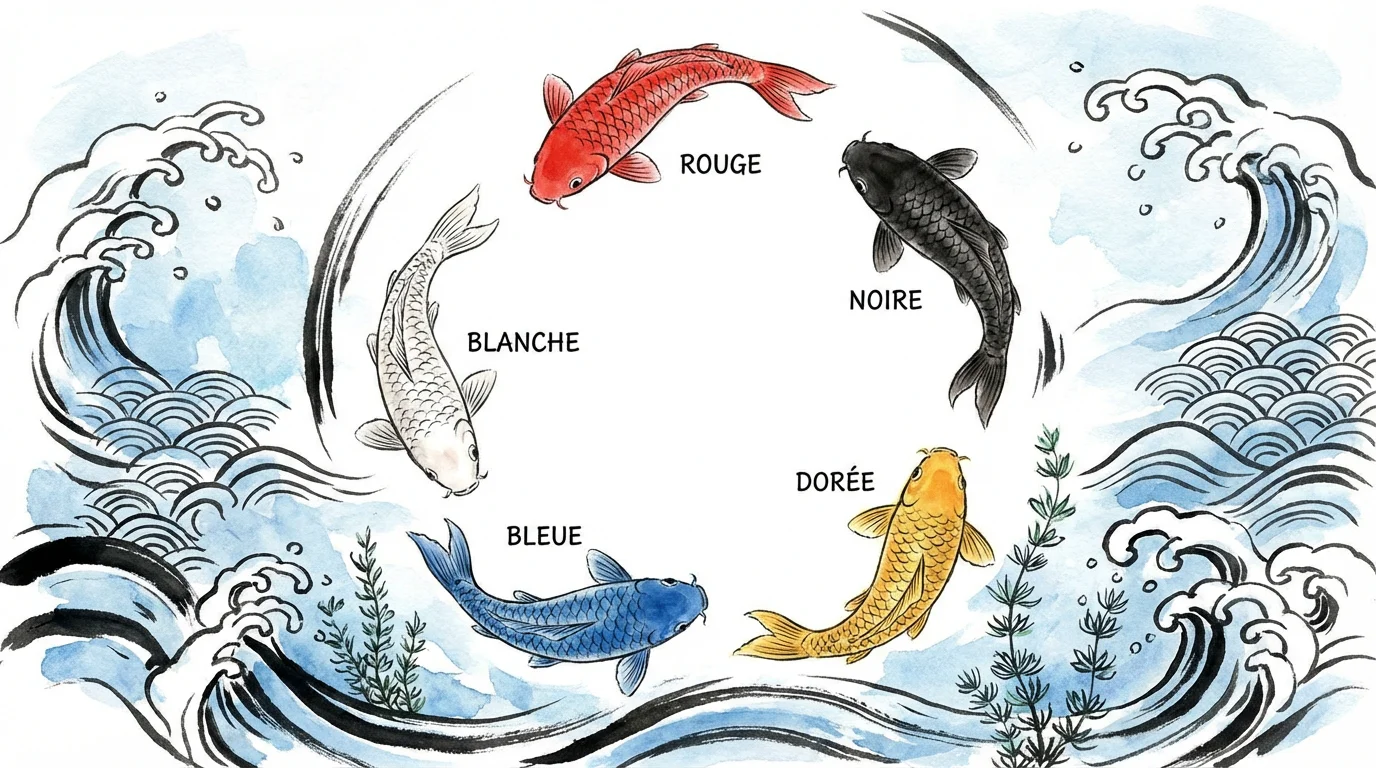 Illustration des différentes couleurs de carpes koï et leur symbolique