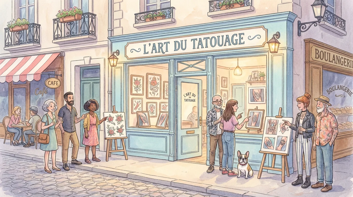 Illustration d'un groupe de personnes admirant des œuvres de tatouage dans une rue française avec un studio de tatouage