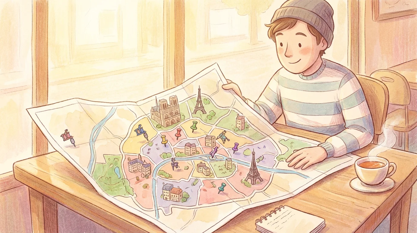 Illustration d'une personne consultant une carte de ville avec des repères de salons de tatouage en France