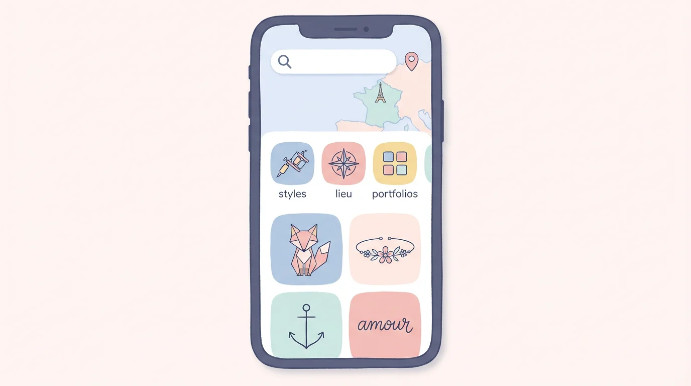 Illustration d'un écran de smartphone affichant une interface de recherche de tatoueurs avec filtres par style et localisation