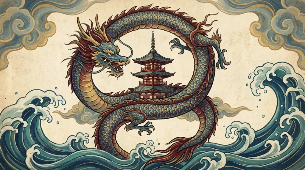 Illustration d'un dragon asiatique majestueux entouré de nuages et de vagues