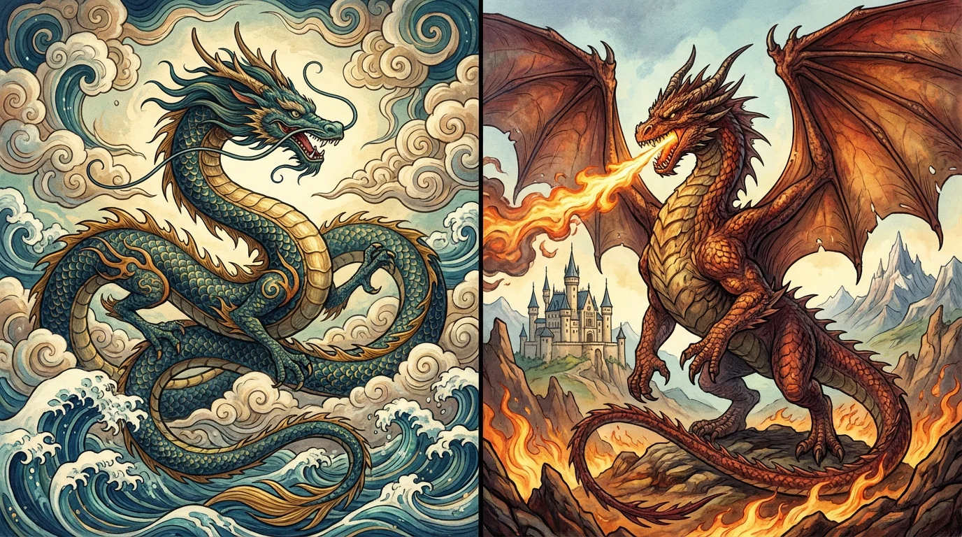 Illustration comparant un dragon oriental serpentiforme et un dragon occidental ailé