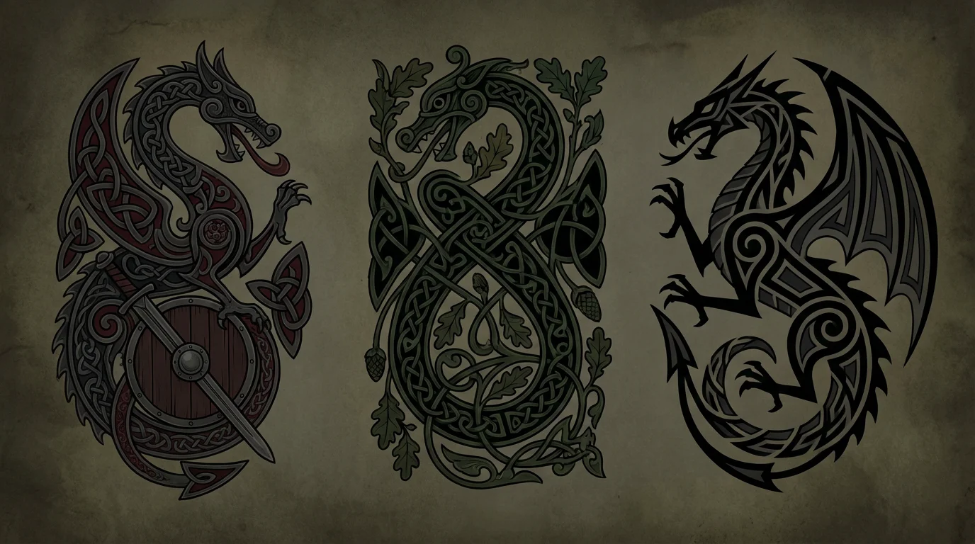 Illustration de trois styles de dragons européens : viking, celtique et tribal
