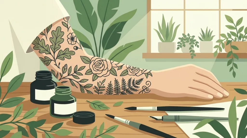Illustration d'un bras tatoué avec des motifs végétaux et des flacons d'encre vegan