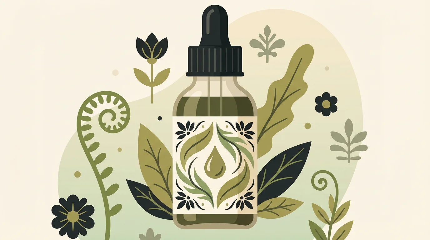 Illustration d'un flacon d'encre de tatouage vegan entouré de motifs végétaux