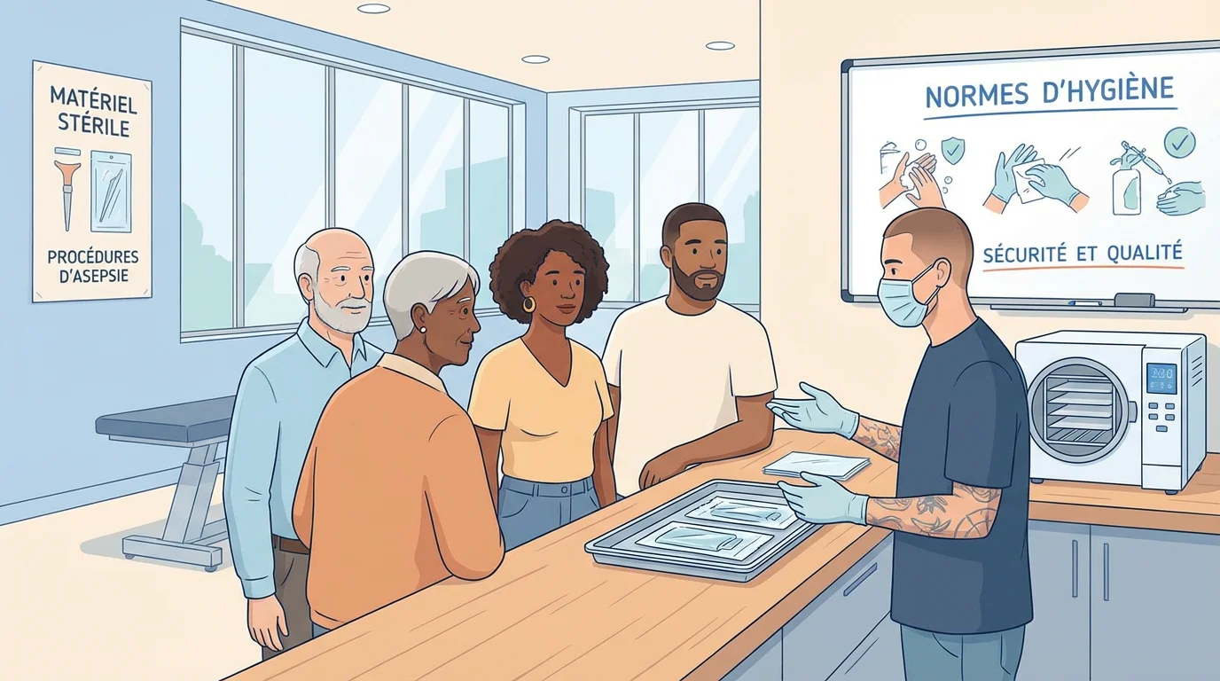 Illustration d'un salon de tatouage professionnel avec un artiste et un client discutant des mesures d'hygiène