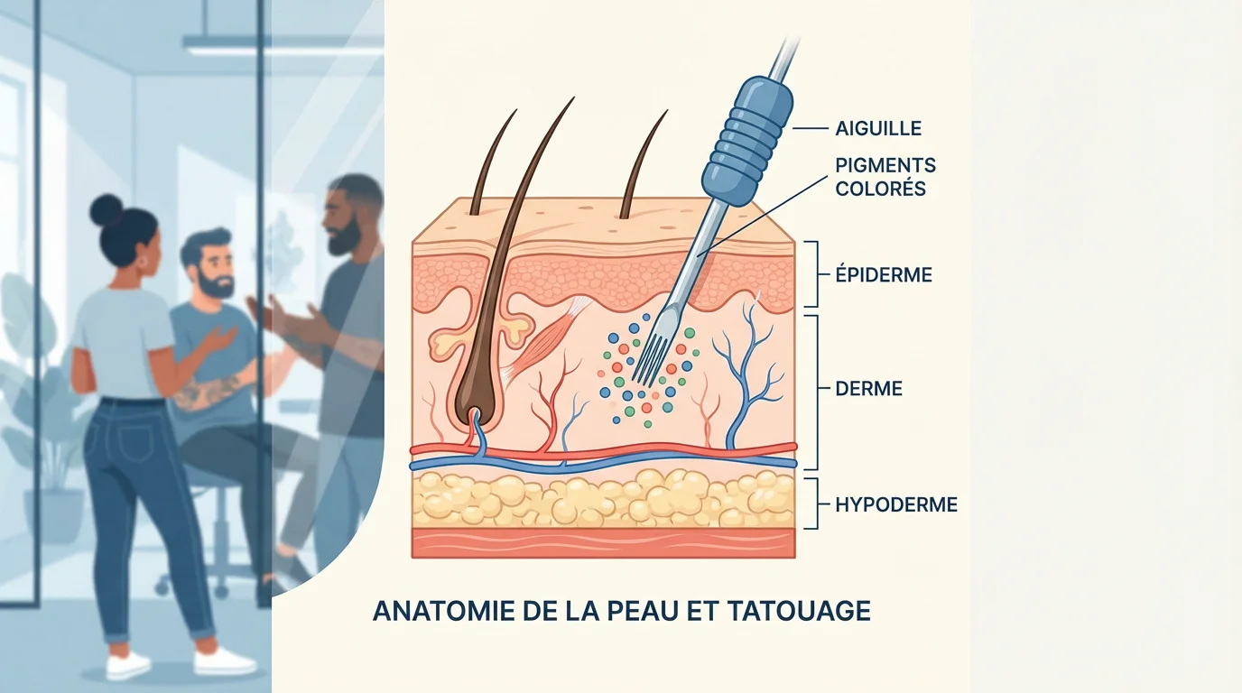 Illustration d'une coupe de peau montrant l'aiguille de tatouage pénétrant le derme avec des particules de pigments