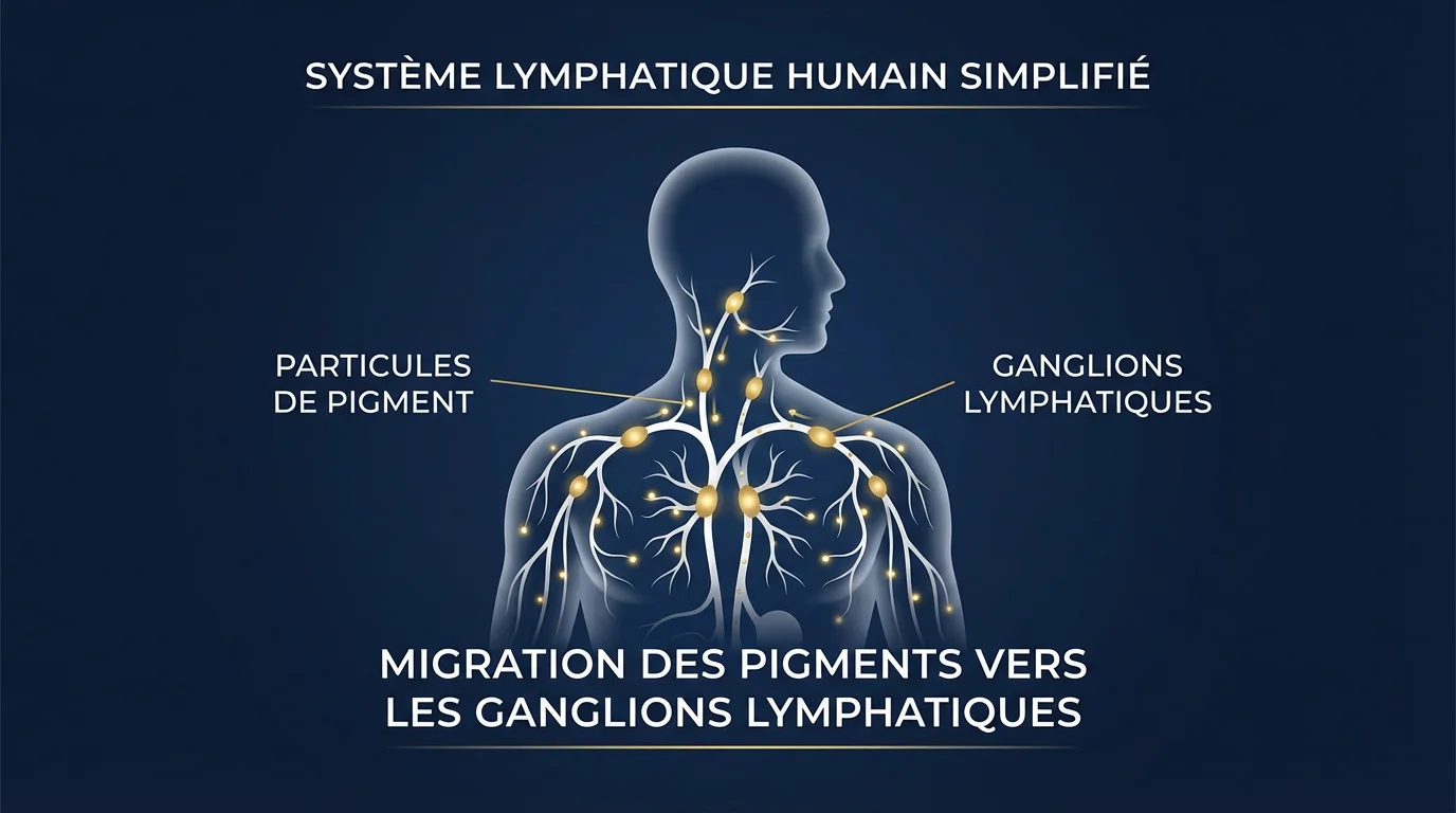 Illustration du système lymphatique montrant la migration de particules de pigments d'encre vers les ganglions