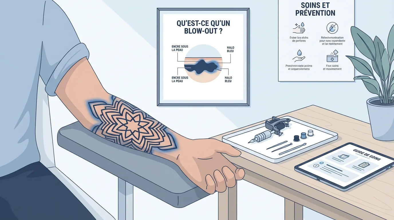 Illustration d'un tatouage présentant un blow-out avec un halo bleuâtre autour des contours