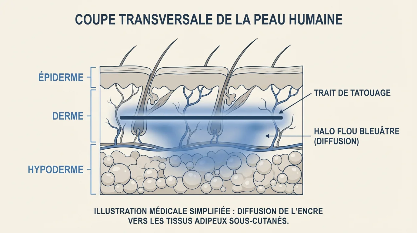 Illustration en coupe de la peau montrant la diffusion de l'encre de tatouage dans les couches profondes lors d'un blow-out