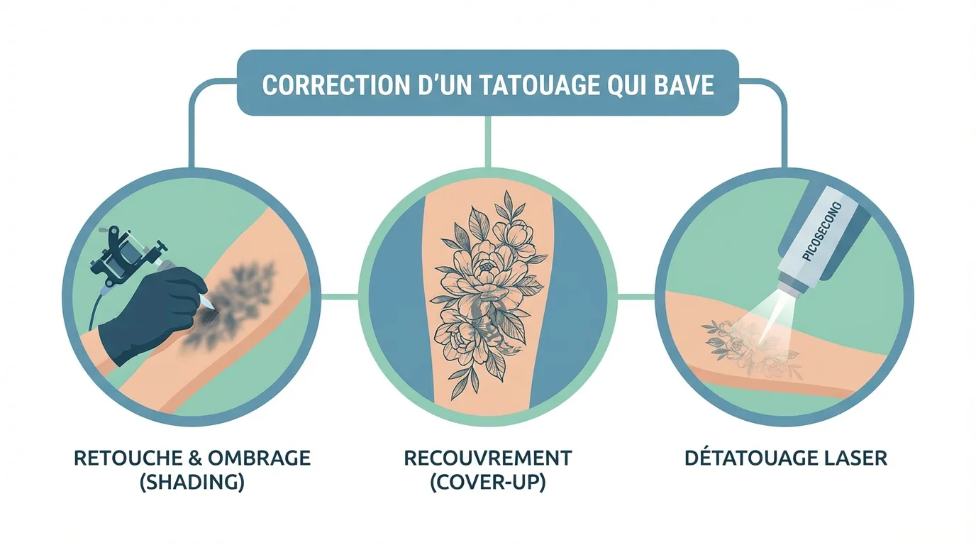 Illustration des trois solutions pour corriger un tatouage qui bave : retouche, cover-up et détatouage laser