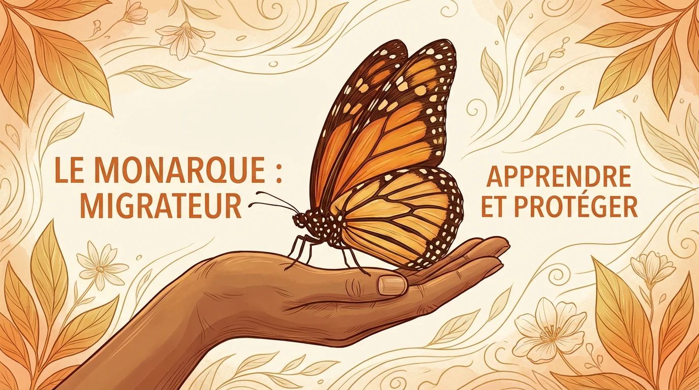 Illustration d'un papillon monarque posé sur une main ouverte, symbolisant la transformation et la liberté