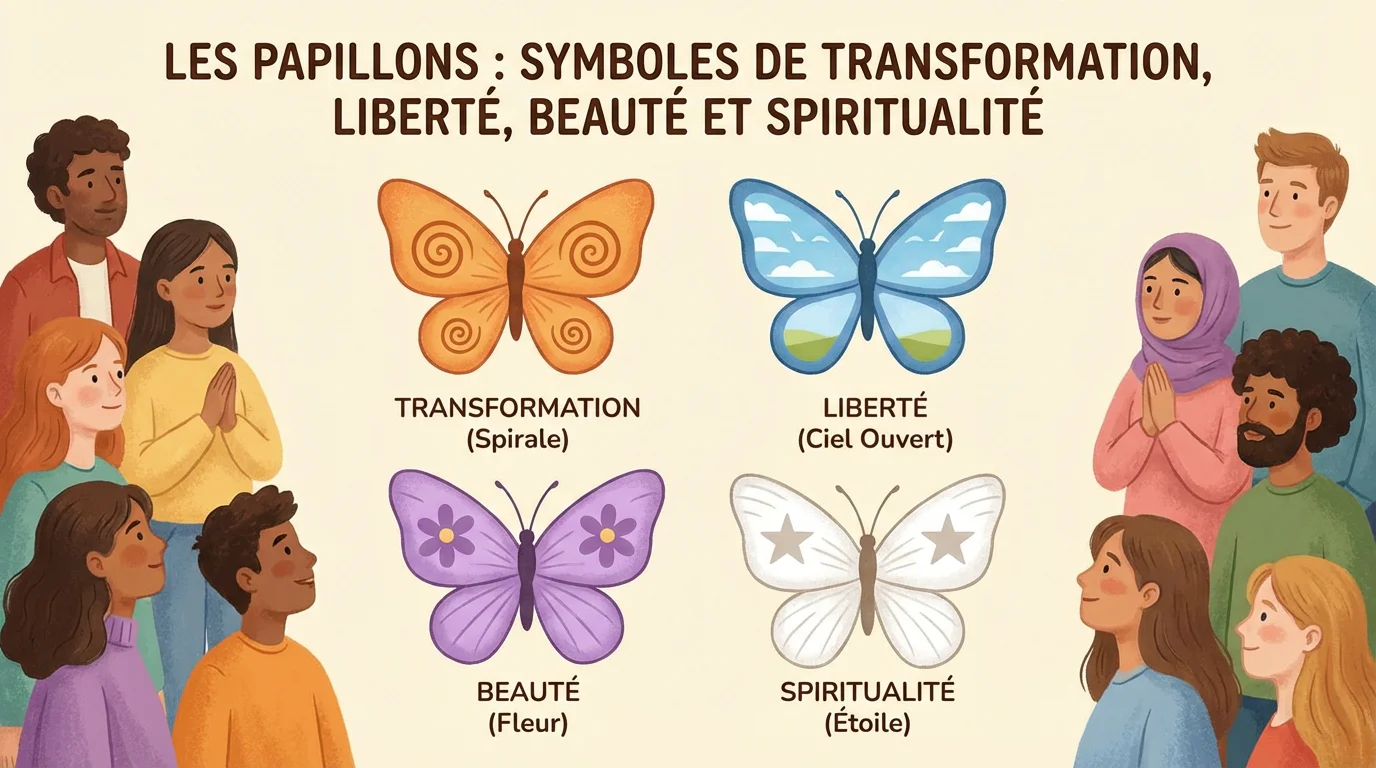Illustration des quatre significations principales du tatouage papillon : transformation, liberté, beauté et spiritualité