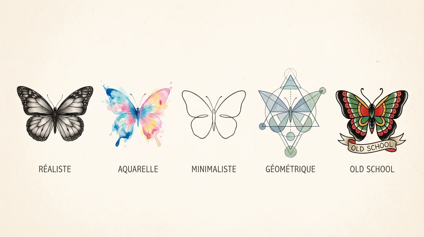 Illustration comparative de cinq styles de tatouage papillon : réaliste, aquarelle, minimaliste, géométrique et old school