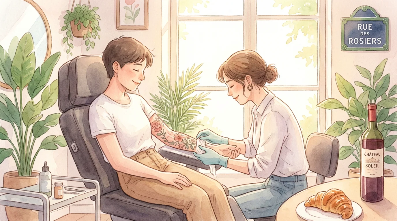 Illustration d'une personne découvrant son tatouage thérapeutique recouvrant une cicatrice dans un studio lumineux