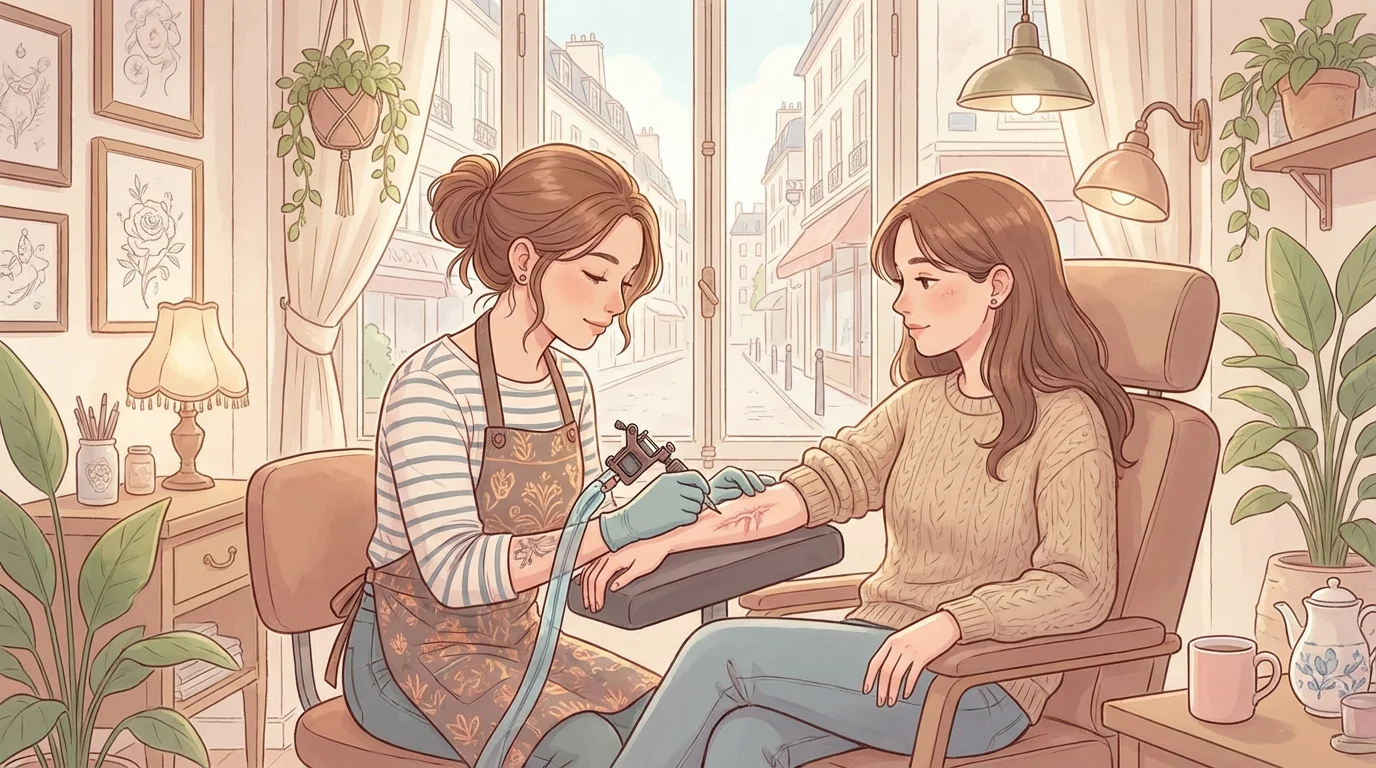 Illustration d'une séance de tatouage thérapeutique sur une cicatrice dans un studio accueillant