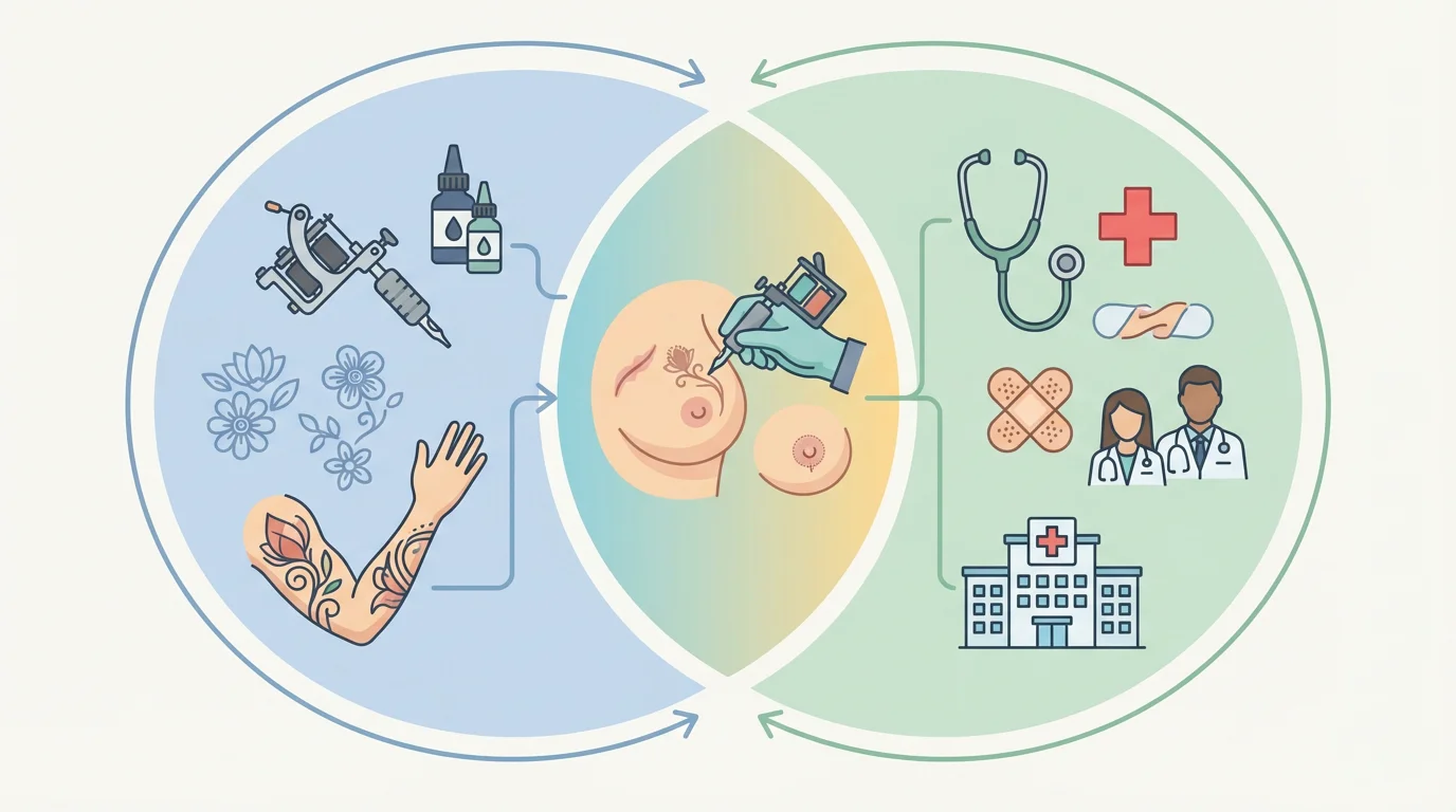 Illustration schématique montrant le tatouage thérapeutique à l'intersection de l'art et du soin