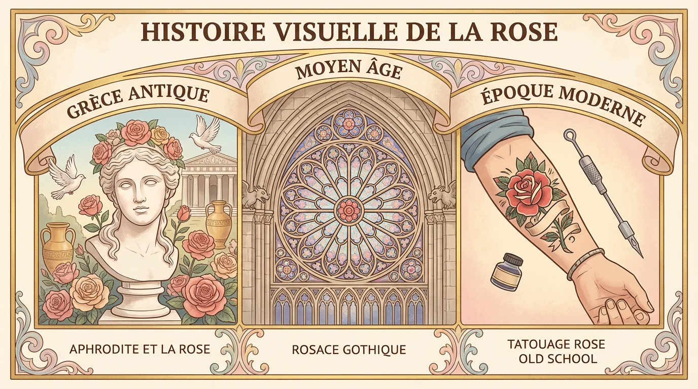 Illustration retraçant l'histoire de la rose de l'Antiquité au tatouage moderne