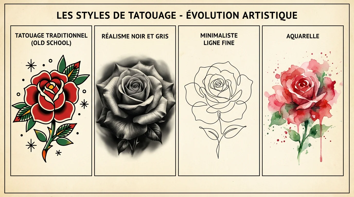 Illustration comparant quatre styles de tatouage de rose : old school, réaliste, minimaliste et aquarelle