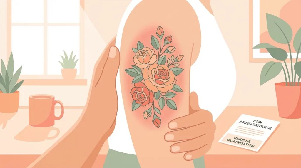 Illustration d'un bras fraîchement tatoué avec une rougeur normale autour du motif