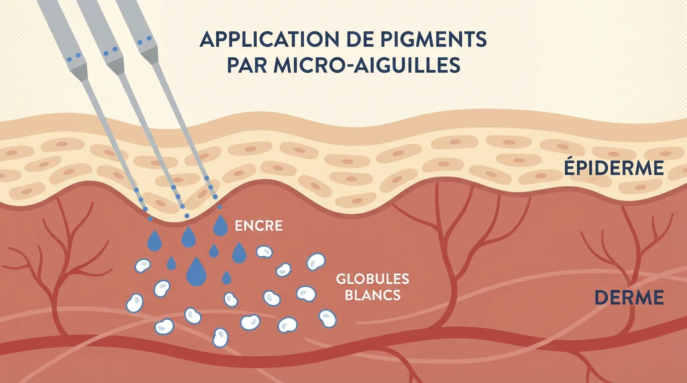 Illustration en coupe de la peau montrant le processus de tatouage et la réaction inflammatoire naturelle