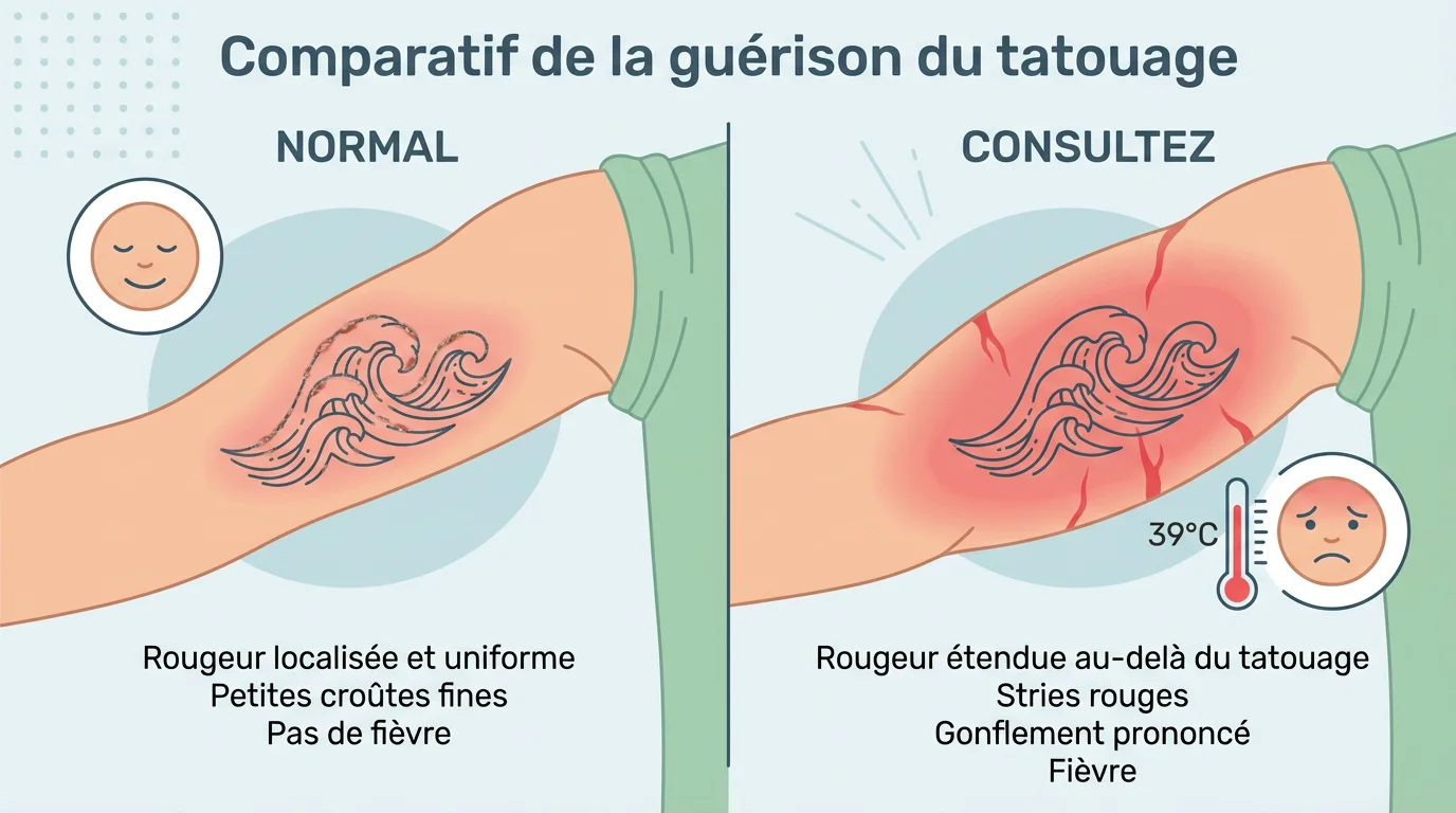 Illustration comparant les signes normaux de cicatrisation d'un tatouage et les signes d'alerte nécessitant une consultation médicale