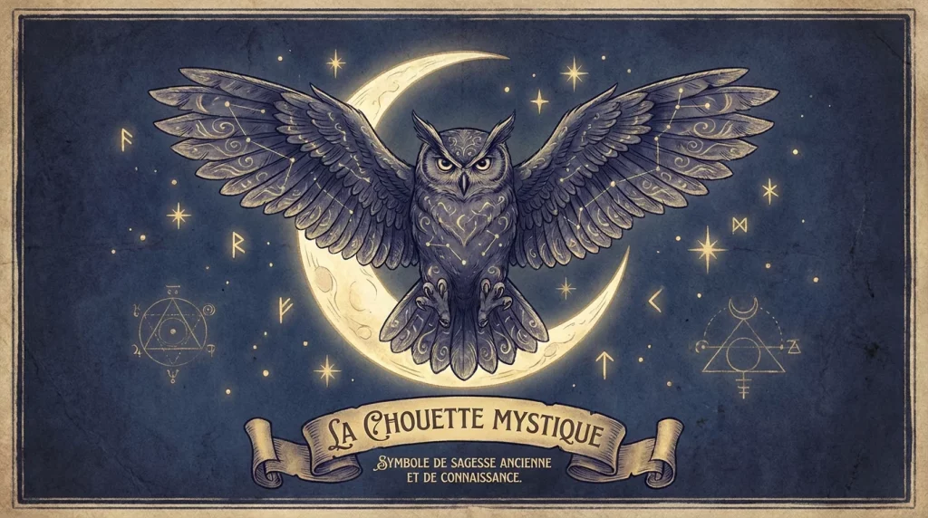 Illustration d'un hibou majestueux aux ailes déployées sur un croissant de lune, symbole de sagesse et de mystère