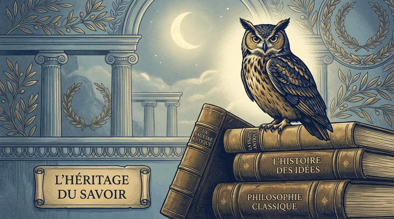 Illustration d'un hibou perché sur des livres anciens symbolisant la sagesse et la connaissance