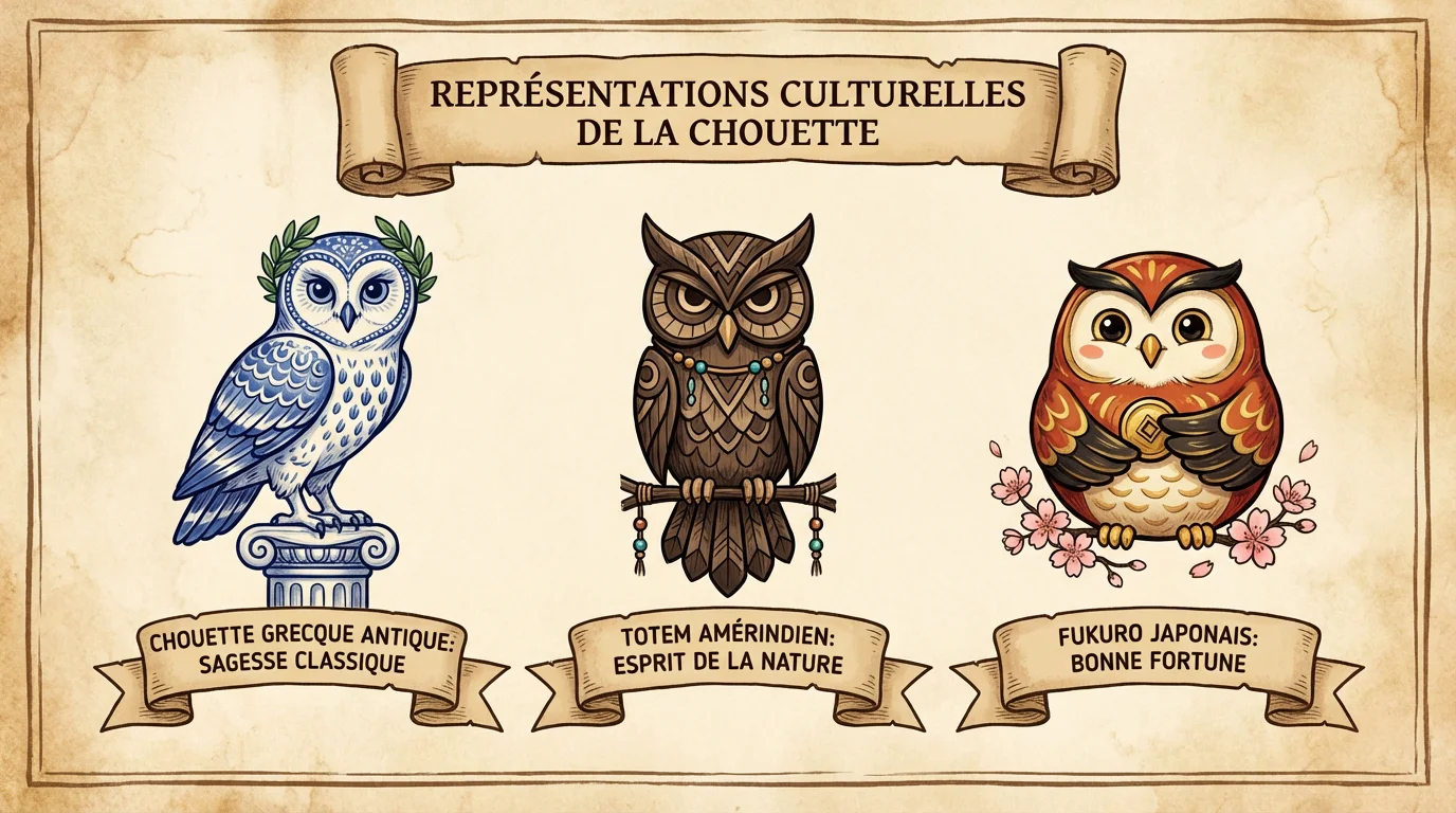 Illustration de trois hiboux stylisés représentant les symboliques grecque, amérindienne et japonaise