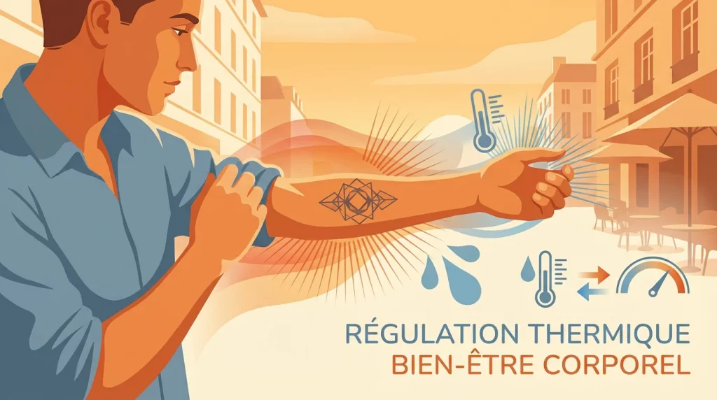 Illustration d'une personne observant son tatouage sur l'avant-bras avec des gouttes de sueur stylisées