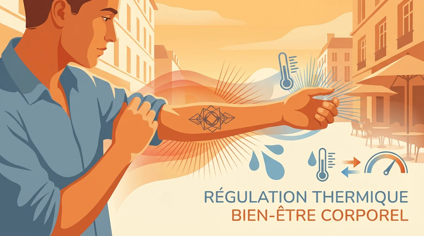 Illustration d'une personne observant son tatouage sur l'avant-bras avec des gouttes de sueur stylisées