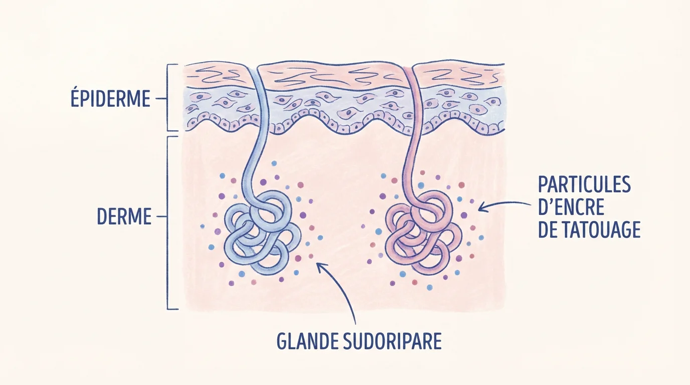 Illustration en coupe de la peau montrant les glandes sudoripares et les particules d'encre de tatouage dans le derme
