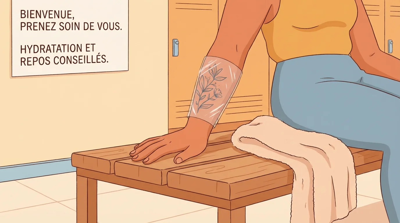 Illustration d'une personne sportive au repos avec un tatouage récent protégé sur l'avant-bras