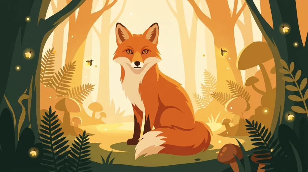 Illustration d'un renard roux majestueux dans une clairière forestière mystique