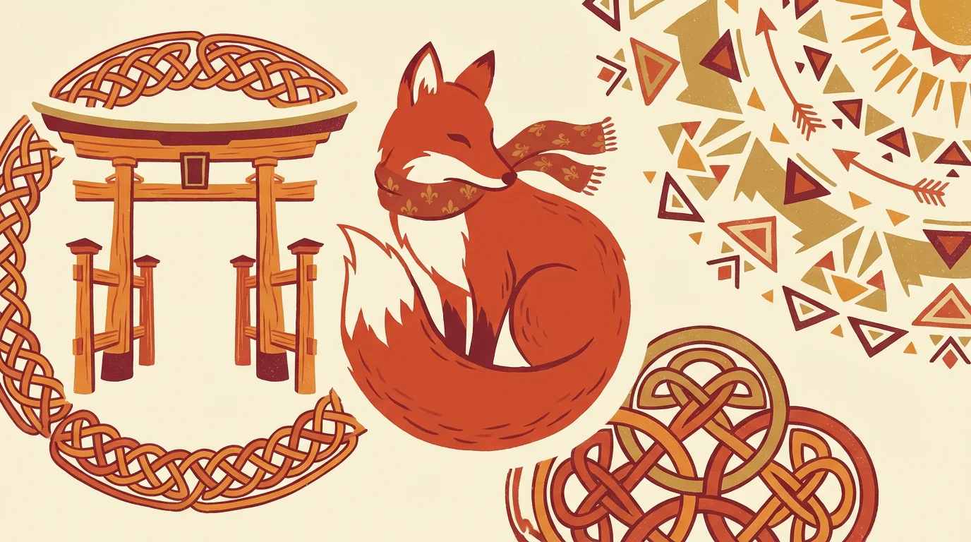 Illustration d'un renard entouré de symboles mythologiques japonais, celtiques et amérindiens