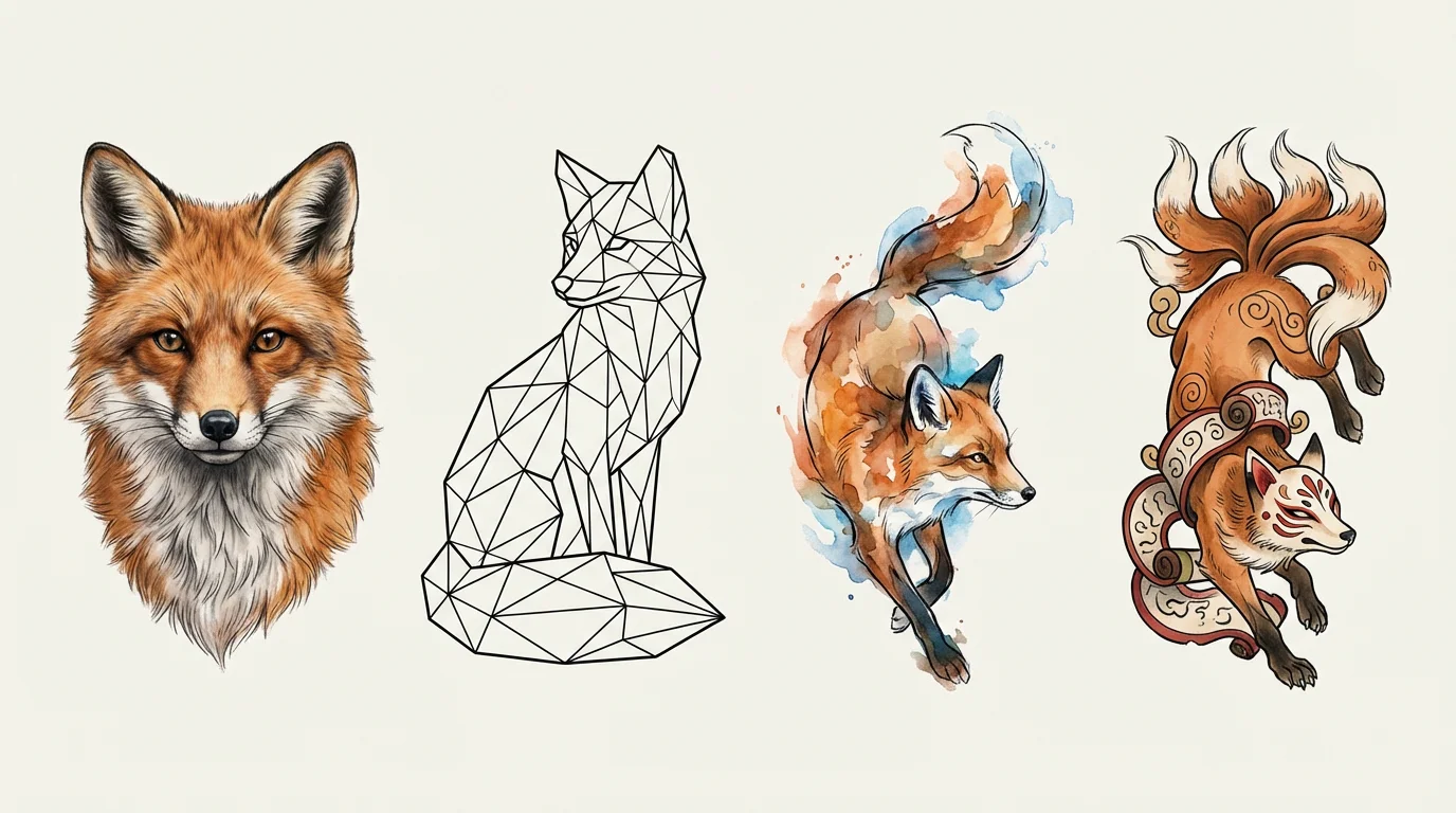 Illustration de quatre styles de tatouage renard : réaliste, géométrique, aquarelle et japonais