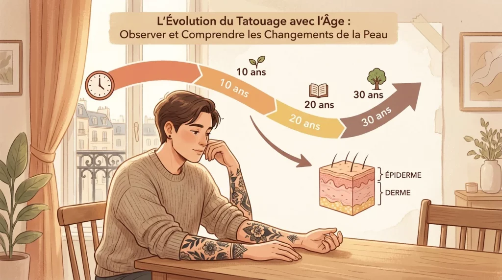 Illustration d'une personne observant l'évolution de son tatouage au fil des années