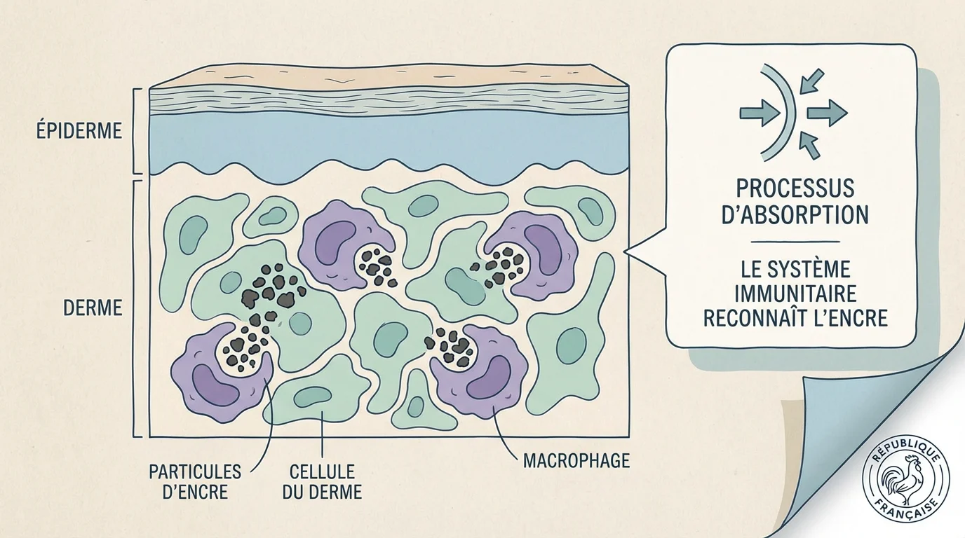 Illustration en coupe de la peau montrant les particules d'encre piégées dans le derme