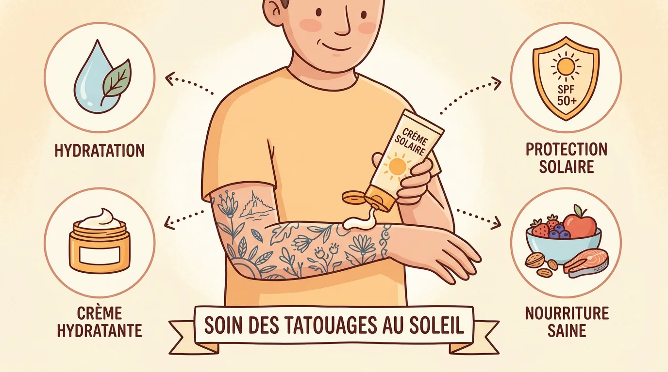 Illustration des gestes d'entretien d'un tatouage : crème solaire, hydratation et soins
