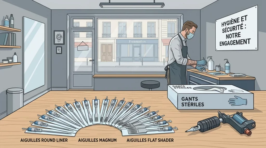 Atelier de tatouage avec différents types d'aiguilles disposées sur un plan de travail professionnel