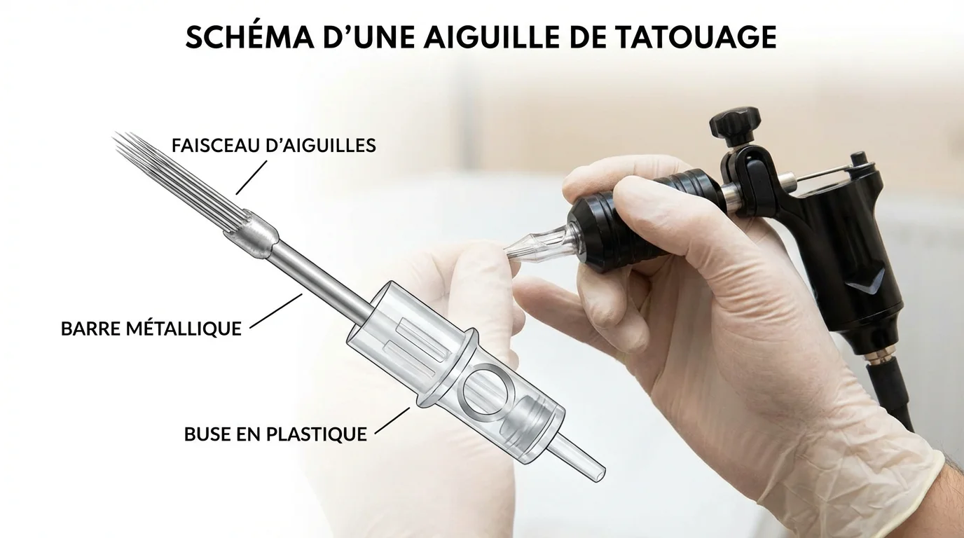 Schéma illustré des composants d'une aiguille de tatouage : faisceau, barre et buse