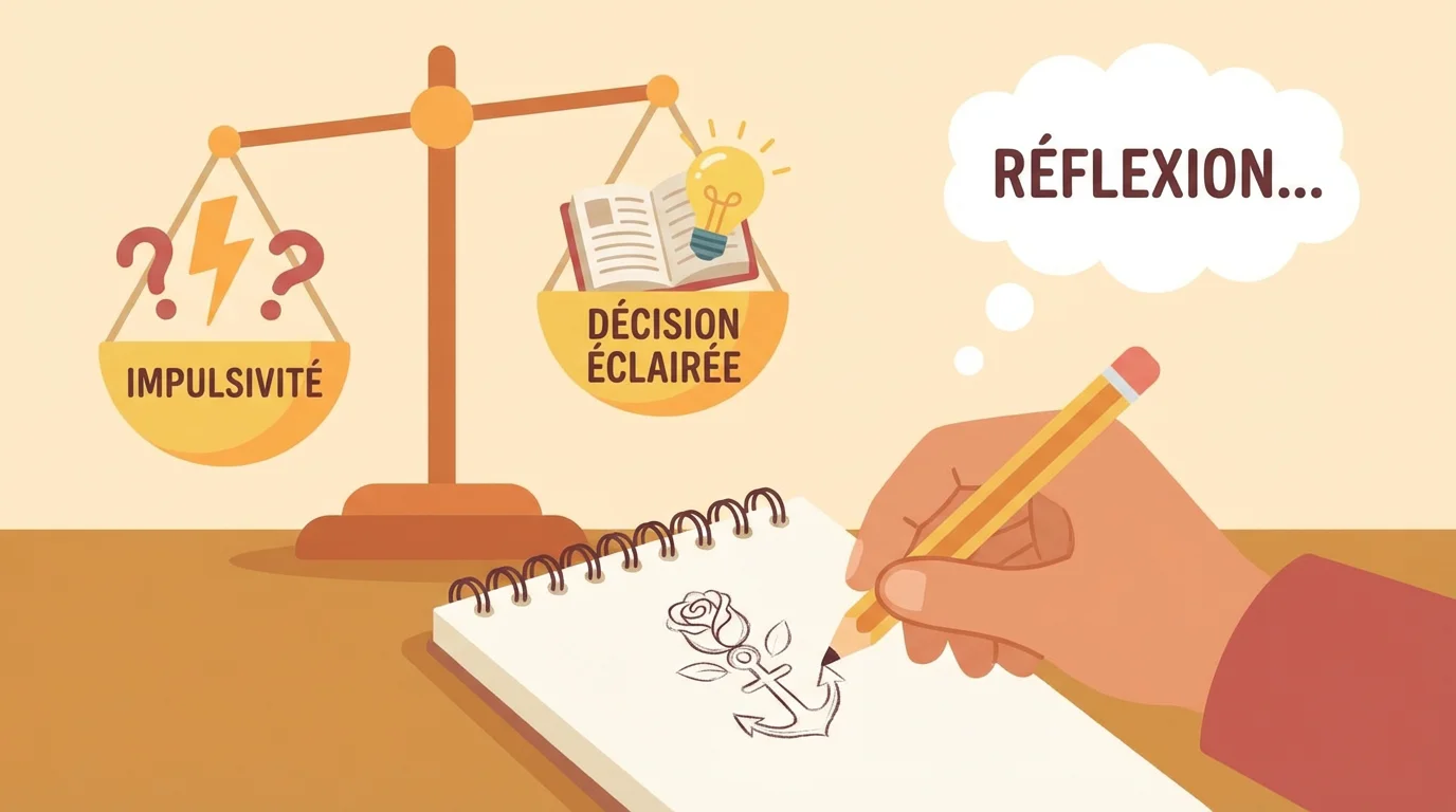 Illustration représentant la réflexion avant un tatouage, avec un crayon dessinant un motif et une balance symbolique