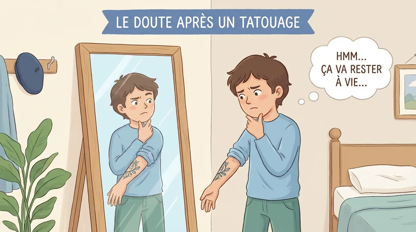 Illustration d'une personne hésitante regardant un tatouage impulsif sur son bras