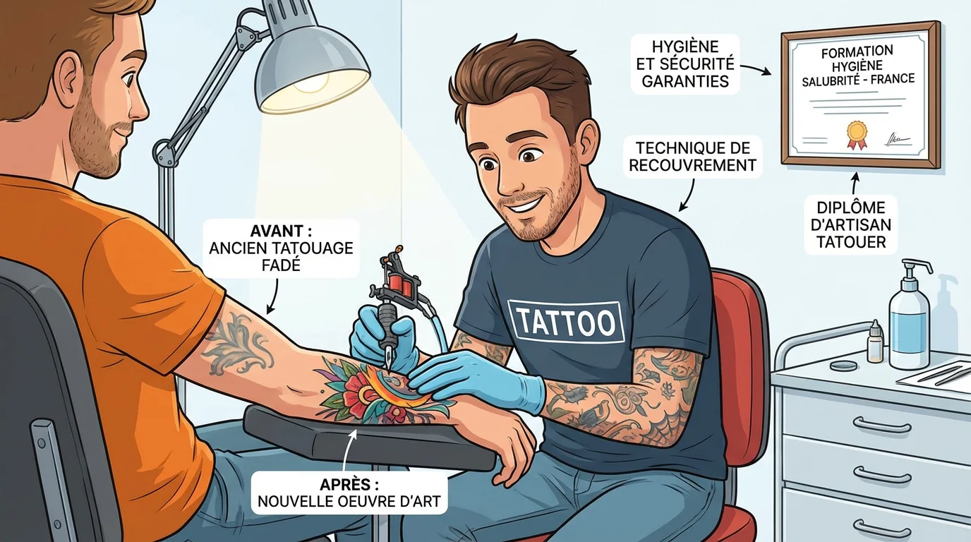 Illustration d'un tatoueur réalisant un cover-up pour corriger un tatouage impulsif