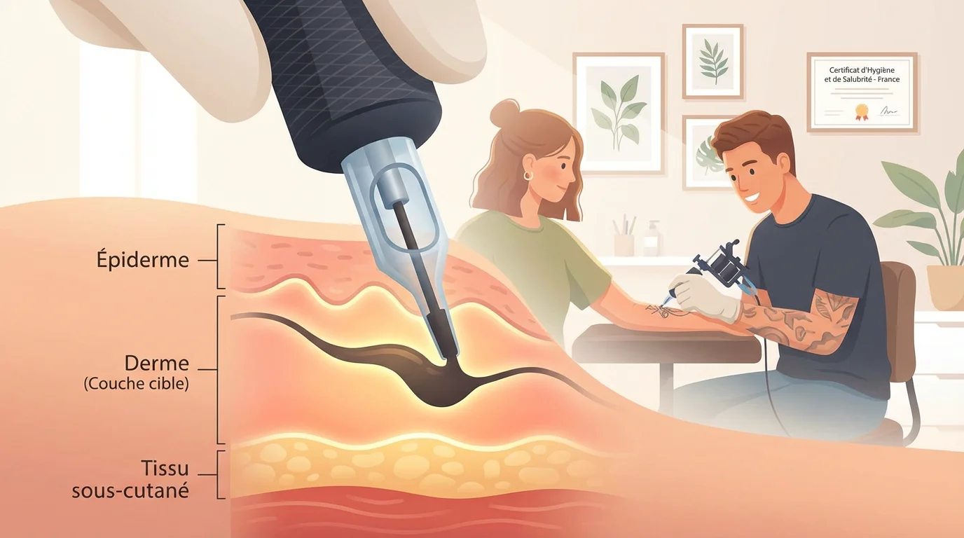 Illustration d'une séance de tatouage montrant l'injection de l'encre dans les couches de la peau